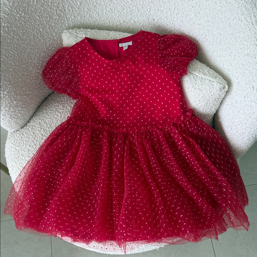 Lively Bright Red Dress with Gold Polka Dots